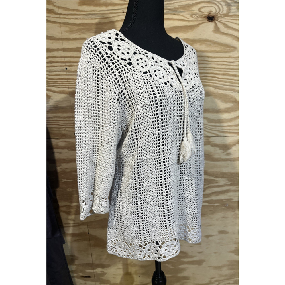 Y2K Crochet Open Knit Sweater Medium Boho Tassel Festival Cottage Floral Granola